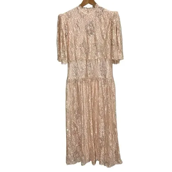 Vintage 1990s Rina di’Montella Silk Lace Overlay Beaded Dress Size 8 Nude Pink - Picture 1 of 16